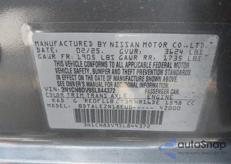 2025 Nissan Versa 1.6 S z USA, uszkodzony, nr VIN 3N1CN8DV9SL844372
